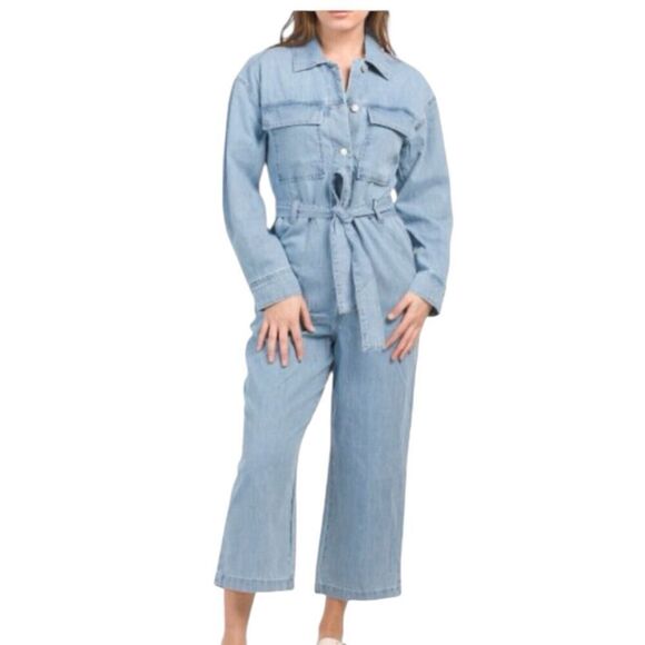 OAT Pants - OAT New York Jumpsuit WMNS L Blue Denim Cropped Waist Tie Button Up Patch Pocket
